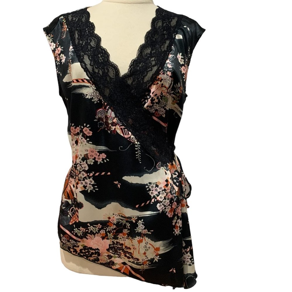 Floral Print Satin Wrap Blouse